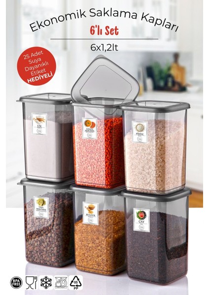 Etiketli 6'lı Antrasit Ekonomik Kırılmaz Saklama Kabı Seti 6x1,2 Lt.