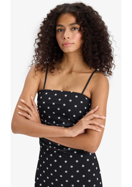 Bodycon Vücudu Saran Kare Yaka Puantiyeli Tül Askılı Midi Elbise fırsatları