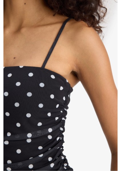 Bodycon Vücudu Saran Kare Yaka Puantiyeli Tül Askılı Midi Elbise indirimleri