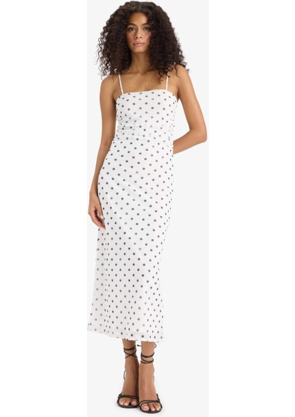 Bodycon Vücudu Saran Kare Yaka Puantiyeli Tül Askılı Midi Elbise F9258AX25SM