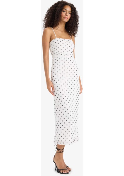 Bodycon Vücudu Saran Kare Yaka Puantiyeli Tül Askılı Midi Elbise F9258AX25SM fiyatları