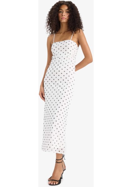 Bodycon Vücudu Saran Kare Yaka Puantiyeli Tül Askılı Midi Elbise F9258AX25SM modelleri