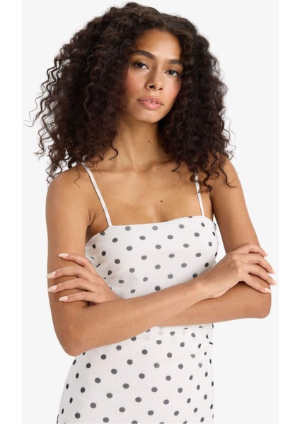 Bodycon Vücudu Saran Kare Yaka Puantiyeli Tül Askılı Midi Elbise F9258AX25SM fırsatları