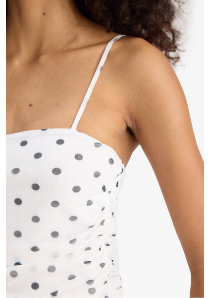 Bodycon Vücudu Saran Kare Yaka Puantiyeli Tül Askılı Midi Elbise F9258AX25SM indirimleri