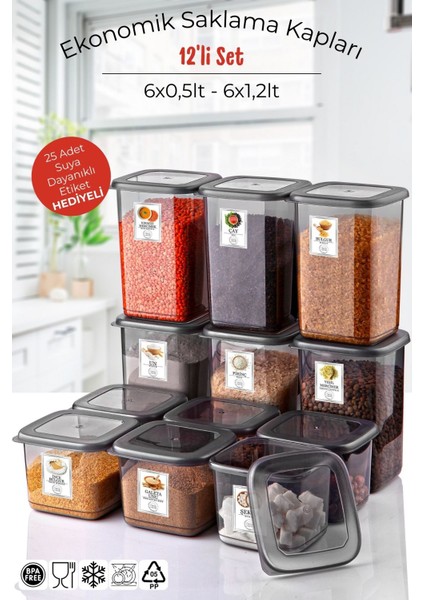 Etiketli 12'li Antrasit Ekonomik Kırılmaz Saklama Kabı Seti 6x0,5/6x1,2 Lt.