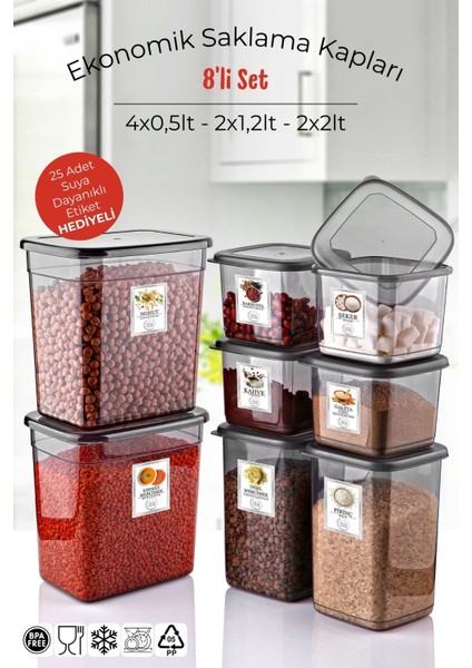 Etiketli 8'li Antrasit Ekonomik Kırılmaz Saklama Kabı Seti 4x0,5/2x1,2/2x2 Lt.