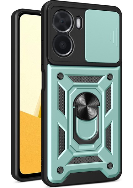 Vivo Y16 4g Pc+Tpu Hibrit Kapak Halkalı Ayaklı Telefon Kılıfı Sürgülü Kamera Koruyucu-Yeşil (Yurt Dışından)