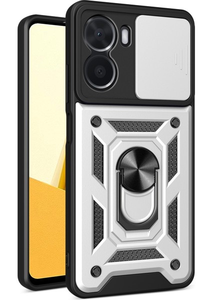 Vivo Y16 4g Pc+Tpu Hibrit Kapak Halkalı Ayaklı Telefon Kılıfı Sürgülü Kamera Koruyucu-Gümüş (Yurt Dışından)