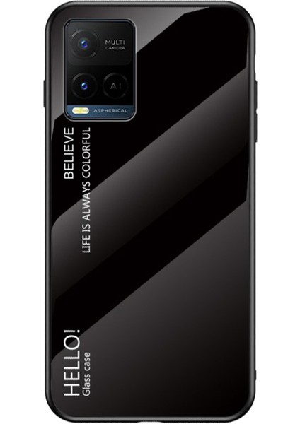 Şık Renkli Degrade Tasarım Darbeye Dayanıklı Koruyucu Tpu Temperli Cam Arka Telefon Kılıfı Vivo Y21/Y33S-SIYAH (Yurt Dışından)