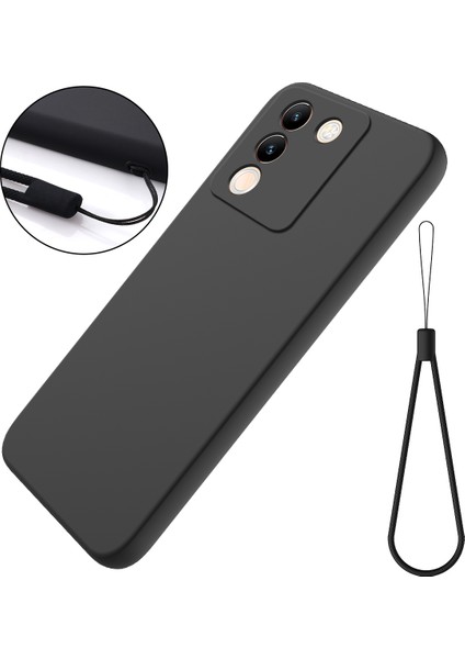 Vivo Y200(HINDISTAN)5G Kılıf Yumuşak Astarlı Çizilmez Sıvı Silikon Kılıf Kayışlı-Siyah (Yurt Dışından)