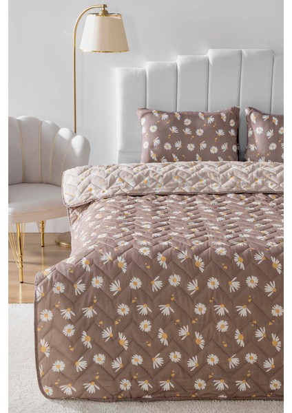 Kahve Papatyalı Çift Kişilik Pamuklu Kapitone Pike & Yatak Örtüsü