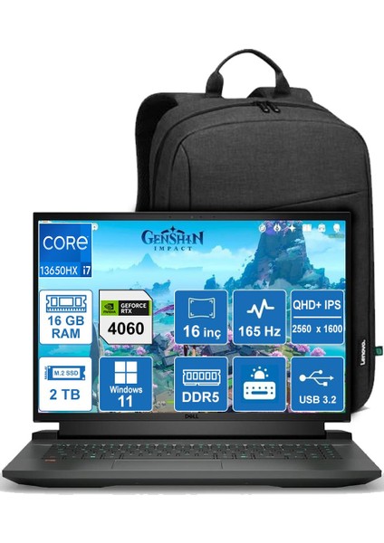 G16 7630 İ7-13700HX/16GB/2TB/RTX4060/W11H/16'' Taşınabilir Bilgisayar + Sırt Çantası Hediye