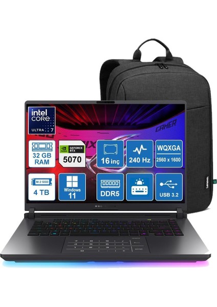 Rog Strix G16 G615LR-S5211 Ultra 7-255HX/32GB/4TB/RTX5070Tİ/Windows 11 Pro/16'' Wqxga 240HZ Taşınabilir Bilgisayar + Sırt Çantası