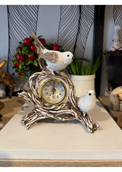 Kuşlu Masa Saati, Şık ve Dekoratif Polyester Tasarım, Krem Renkli Ev Aksesuarı