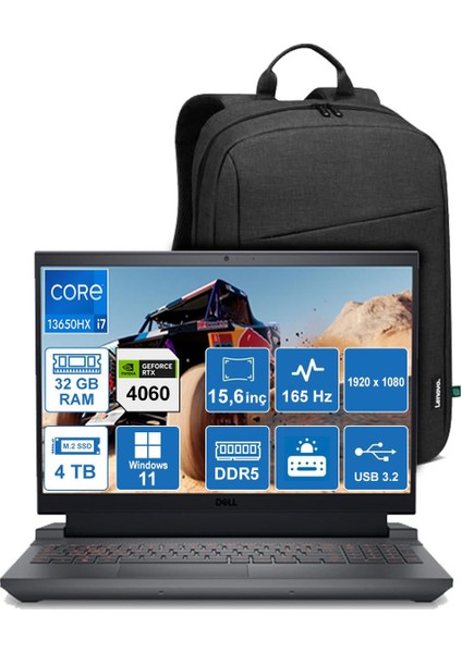 Nb Gamıng G15 5530 G155530013U İ7-13650HX/32GB/4TB/4060/W11P/15.6'' Taşınabilir Bilgisayar + Taşınabilir Bilgisayar Sırt Çanta