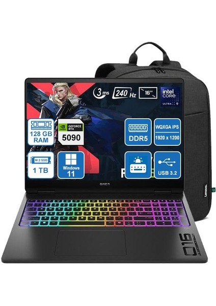 Omen 16-AH0010NT B92QNEA 9-275HX/128GB/1TB/RTX5090 16GB/Windows 11 Pro/ 16'' 2k (1920 x 1200) Taşınabilir Bilgisayar + Sırt Çantası