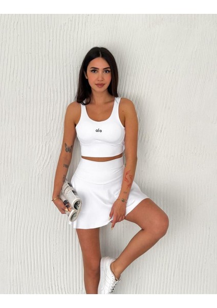 Şortlu Etek Tulum Büstiyer Beyaz Takım