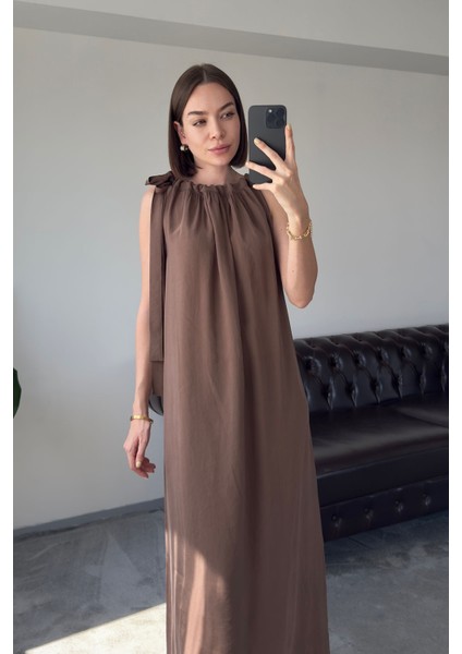 Omuzdan Bağlamalı Premium Elbise- Kahverengi