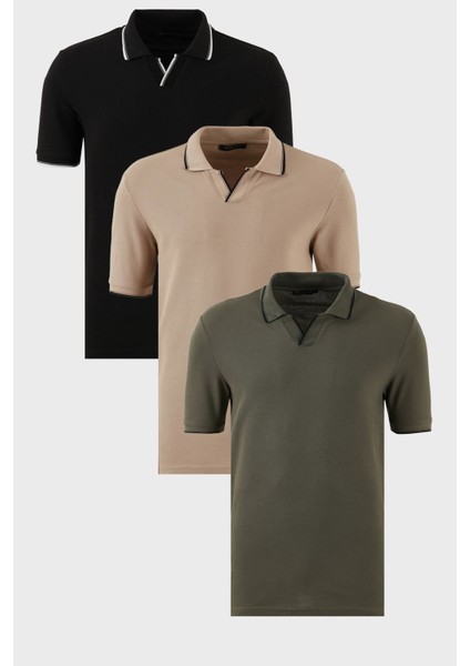Pamuklu Regular Fit Şerit Detaylı 3'lü Paket Polo Yaka T Shirt Erkek Polo Yaka T Shirt 5902964S3