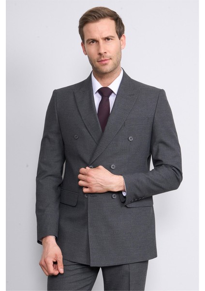 9132 Erkek Kırlangıç Yaka Slim Fit Kruvaze Takım Elbise Antrasit
