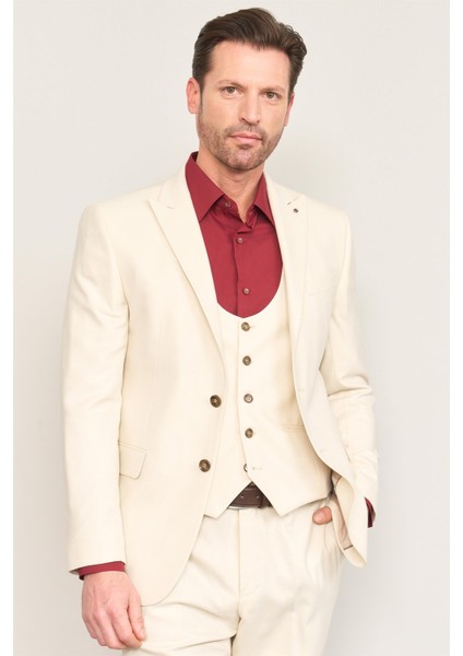 Kagi Bej Erkek Pamuk Polyester Parma Yelekli Takım