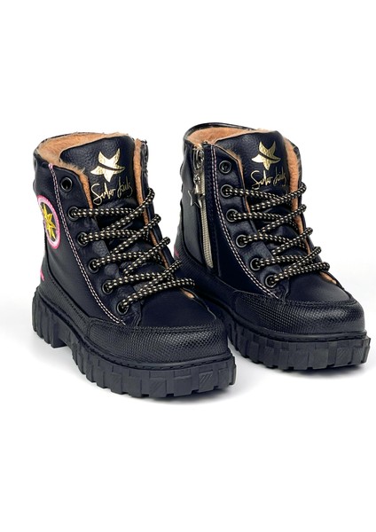 Kız Çocuk Siyah Içi Kürklü Termo Taban Suya Soğuğa Dayanıklı Günlük Rahat Bot