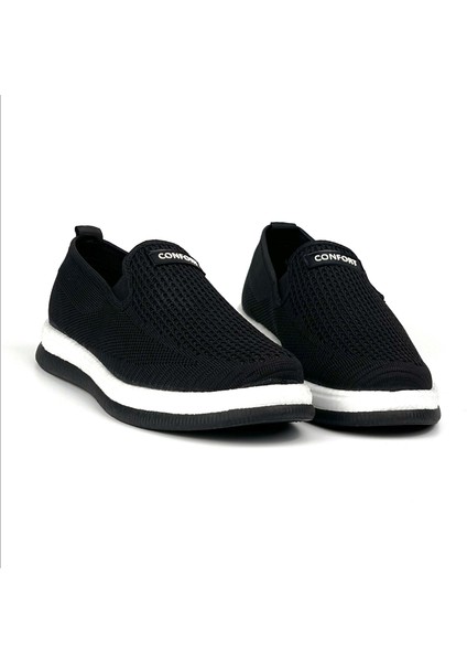 Erkek Siyah Beyaz Çok Hafif Triko Bağcıksız Esnek Hafif Günlük Casual Sneaker Spor Ayakkabı