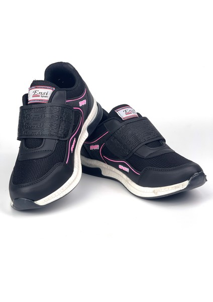 Kadın Siyah Pembe Bağcıksız Cırtlı Hafif Rahat Günlük Sneaker Spor Ayakkabı