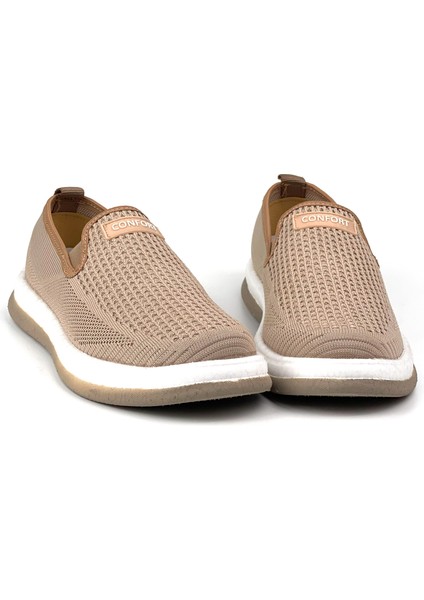 Erkek Bej Çok Hafif Triko Bağcıksız Esnek Hafif Günlük Casual Sneaker Spor Ayakkabı