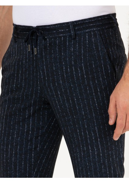 Erkek Lacivert Ex. Slim Fit Beli Bağcıklı Çizgili Kumaş Pantolon 50256182-VR033