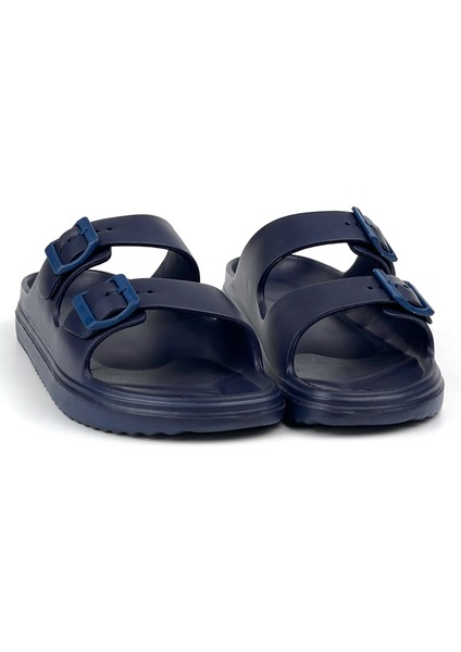 Unisex Lacivert Çift Tokalı Kaymaz Taban Ayarlanabilir Hafif Günlük Plaj Terlik