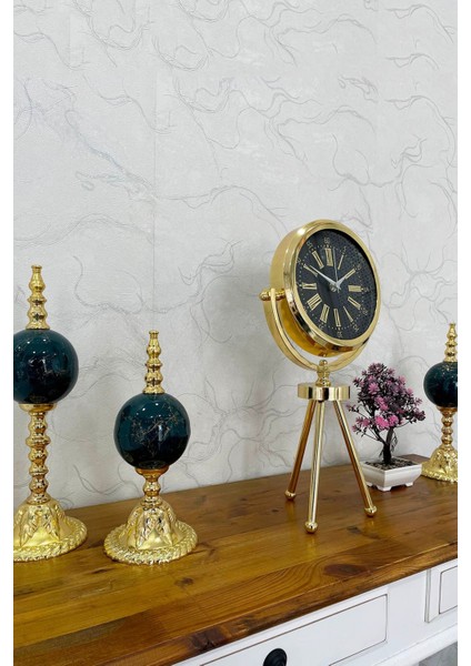 Altın Renk Mini Tripod ve Masa Saati, Şık ve Kullanışlı Ev Dekoru.