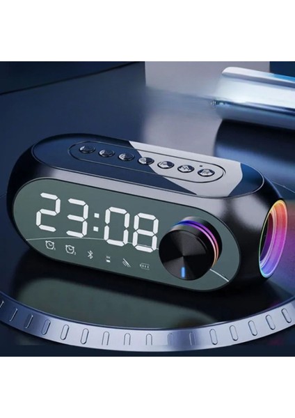 Renkli LED Dijital Saat Alarm Bluetooth Hoparlör Mp3 Radyo Şarjlı Siyah