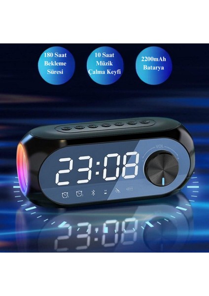 Renkli LED Dijital Saat Alarm Bluetooth Hoparlör Mp3 Radyo Şarjlı Siyah indirimleri