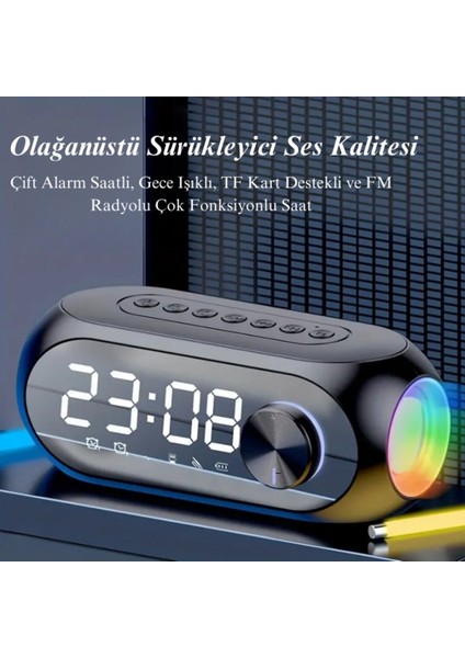 Renkli LED Dijital Saat Alarm Bluetooth Hoparlör Mp3 Radyo Şarjlı Siyah