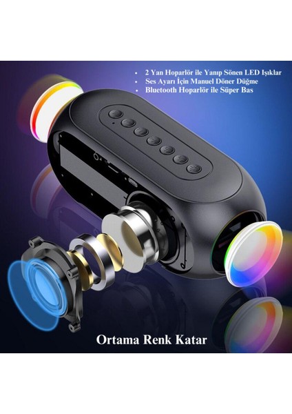 Renkli LED Dijital Saat Alarm Bluetooth Hoparlör Mp3 Radyo Şarjlı Siyah