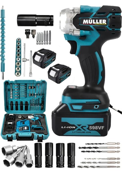 Alman Motor Korumalı 598 Vf 20 Ah Çift Akü Mandrenli Setli Bijon Somun Sökme Sıkma Makinesi 40 Parça