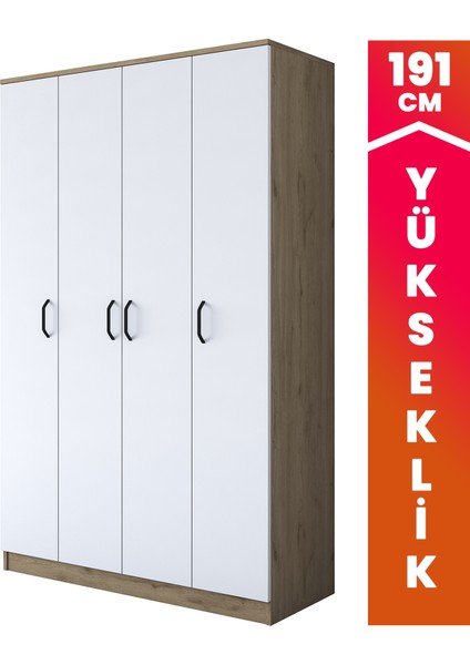 BA116 Geniş Gardırop Elbise Dolabı 4 Kapaklı 14 Raflı 2 Askılı Sepet Ceviz - Beyaz