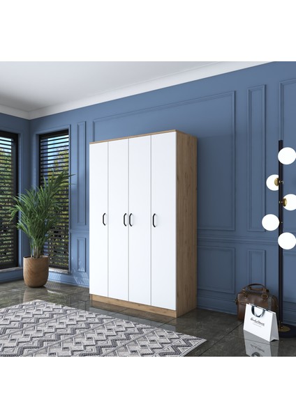 BA116 Geniş Gardırop Elbise Dolabı 4 Kapaklı 14 Raflı 2 Askılı Sepet Ceviz - Beyaz fırsatları