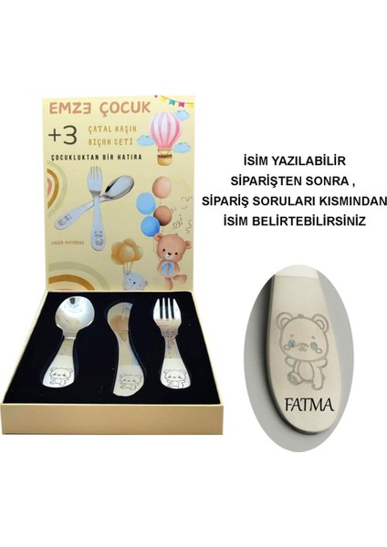Paslanmaz Çelik Kutulu Çocuk Çatal Kaşık Bıçak Seti Ayıcık Desenli