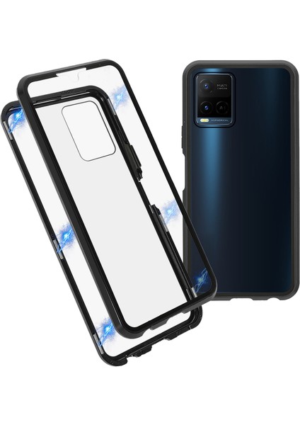 Vivo Y21-SIYAH Için Çift Taraflı Temperli Cam + Metal Çerçeve Hibrit Telefon Kılıfı Manyetik Kapatma ile Tam Koruma Kılıfı (Yurt Dışından)