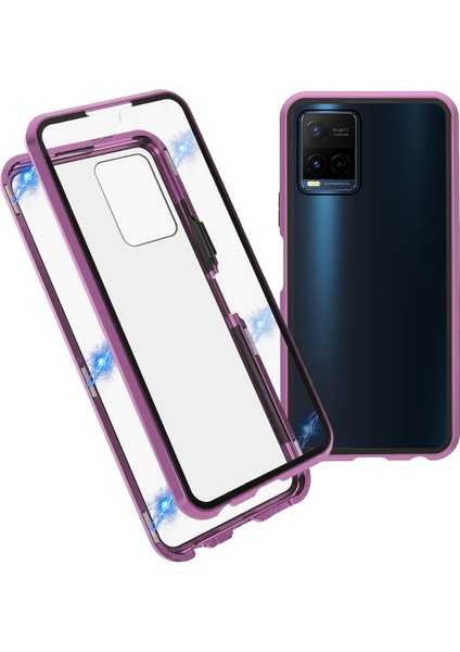 Vivo Y21-MOR Için Çift Taraflı Temperli Cam + Metal Çerçeve Hibrit Telefon Kılıfı Manyetik Kapatma ile Tam Koruma Kılıfı (Yurt Dışından)