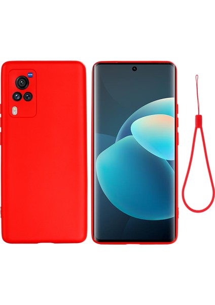 Mikrofiber Astar Hassas Kesik Parmak Izi Önleyici Sıvı Silikon Kılıf Telefon Arka Kapağı Vivo X60 Pro 5g (Küresel)-Kırmızı Için Kullanışlı Kayış (Yurt Dışından)