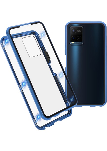 Vivo Y21-BLUE Için Çift Taraflı Temperli Cam + Metal Çerçeve Hibrit Telefon Kılıfı Manyetik Kapatma ile Tam Koruma Kılıfı (Yurt Dışından)