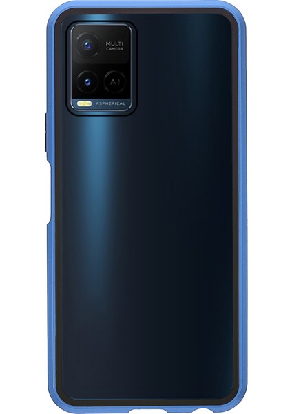 Vivo Y21-BLUE Için Çift Taraflı Temperli Cam + Metal Çerçeve Hibrit Telefon Kılıfı Manyetik Kapatma ile Tam Koruma Kılıfı (Yurt Dışından) fiyatları