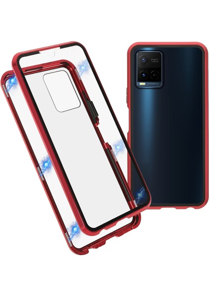 Vivo Y21-RED Için Çift Taraflı Temperli Cam + Metal Çerçeve Hibrit Telefon Kılıfı Manyetik Kapatma ile Tam Koruma Kılıfı (Yurt Dışından)
