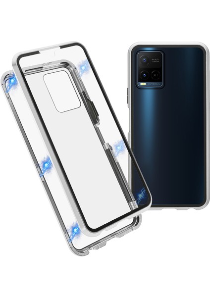 Vivo Y21-GÜMÜŞ Için Çift Taraflı Temperli Cam + Metal Çerçeve Hibrit Telefon Kılıfı Manyetik Kapatma ile Tam Koruma Kılıfı (Yurt Dışından)