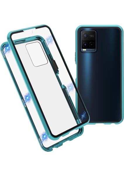 Vivo Y21-GREEN Için Çift Taraflı Temperli Cam + Metal Çerçeve Hibrit Telefon Kılıfı Manyetik Kapatma ile Tam Koruma Kılıfı (Yurt Dışından)