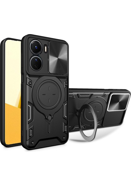 Vivo Y16 4g Slayt Kamera Koruma Telefon Kılıfı Hibrit Pc+Tpu Ayaklı Telefon Kılıfı-Siyah (Yurt Dışından)