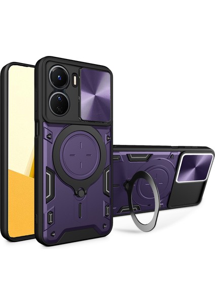 Vivo Y16 4g Slayt Kamera Koruma Telefon Kılıfı Hibrit Pc+Tpu Ayaklı Telefon Kılıfı-Mor (Yurt Dışından)